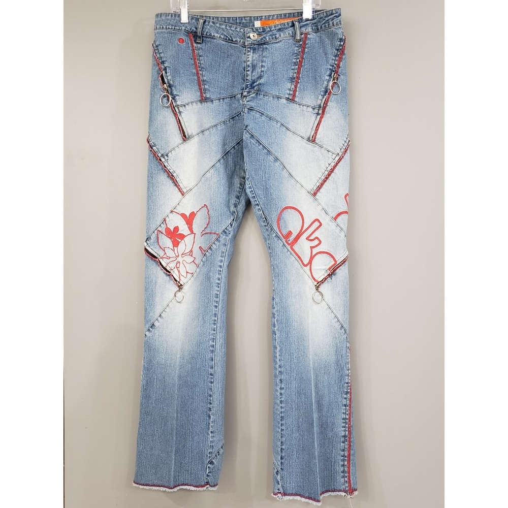 Akademiks Women's Vintage Y2K Embroidered Bootcut Jeans SZ 36 FLORAL RED STREET